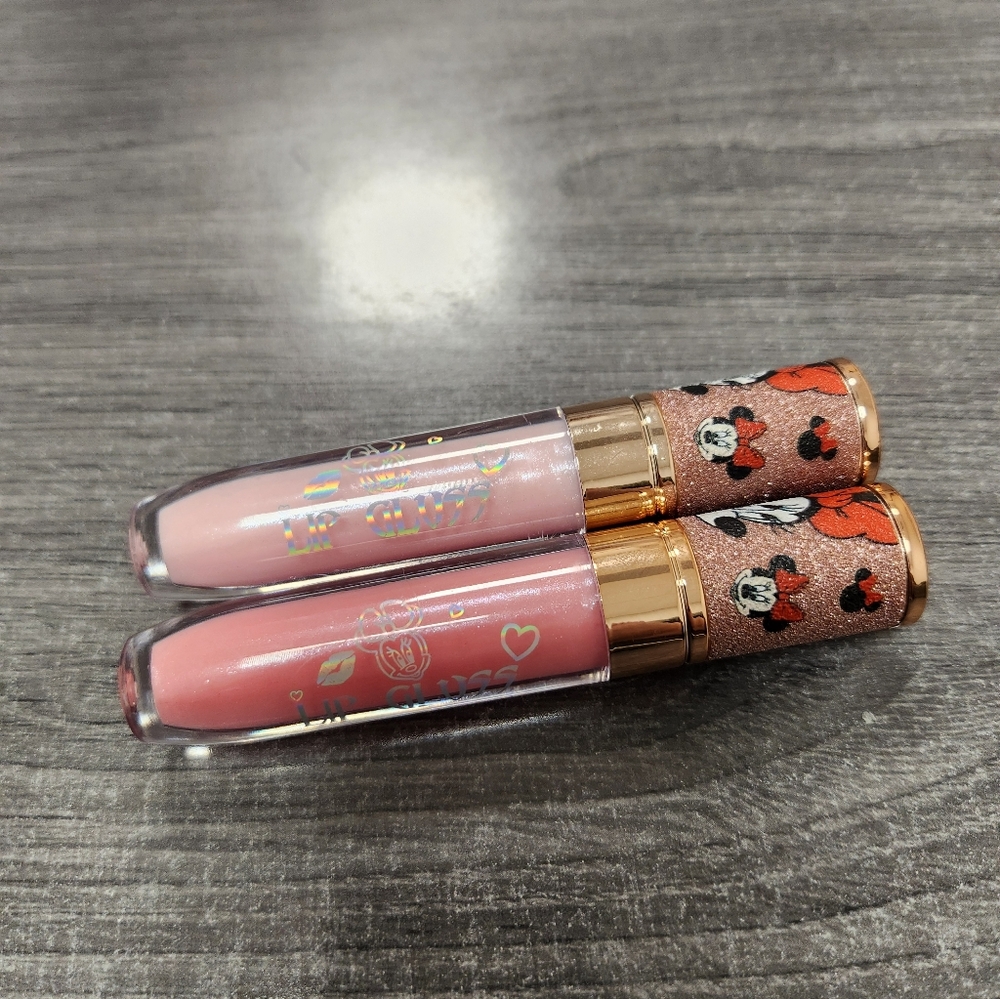 Disney Inspired Pink Lip Gloss Duo – Minnie Mouse Glitter Caps – New
